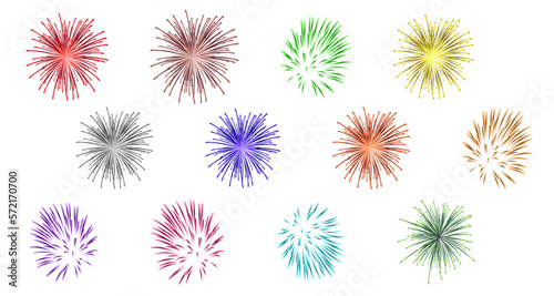 Fireworks elements animation set on transparent background . Abstract vector isolated illustration.