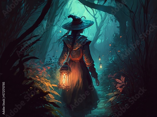 A witch walking on a mysterious road in the woods at night with her magical lantern.