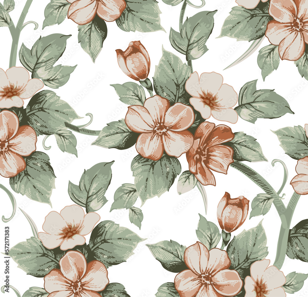 Seamless pattern. Beautiful blooming realistic isolated flowers. Vintage background fabric. Apple wildflowers. Wallpaper baroque. Drawing engraving sketch Vector victorian style illustration
