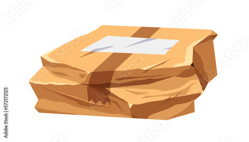 Damaged box. Crinkled rumpled carton parcel. Bad smashed wrinkled cardboard, packed goods order. Spoiled wet cargo mail. Flat cartoon graphic vector illustration isolated on white background