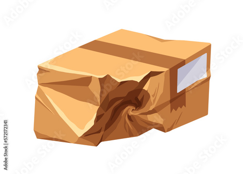 Creased cardboard parcel. Damaged delivery, crumpled box. Crinkled broken carton pack, spoiled smashed wrinkled wet order, shipment. Flat graphic vector illustration isolated on white background