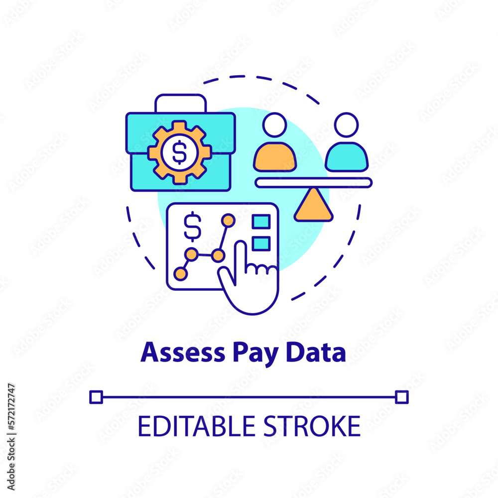 Assess pay data concept icon. Making DEI efforts effective practice abstract idea thin line illustration. Isolated outline drawing. Editable stroke. Arial, Myriad Pro-Bold fonts used Assess pay data concept icon. Making DEI efforts effective practice abstract idea thin line illustration. Isolated outline drawing. Editable stroke. Arial, Myriad Pro-Bold fonts used
