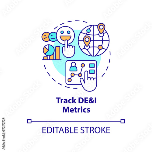 Track DEI metrics concept icon. Making inclusion efforts effective practice abstract idea thin line illustration. Isolated outline drawing. Editable stroke. Arial, Myriad Pro-Bold fonts used