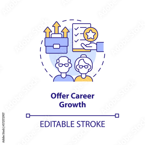 Offer career growth concept icon. Tip for younger managers with older employees abstract idea thin line illustration. Isolated outline drawing. Editable stroke. Arial, Myriad Pro-Bold fonts used