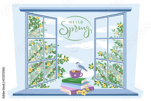 Hello spring. Books, cup of tea or coffee and a bird near spring window. Vector illustration
