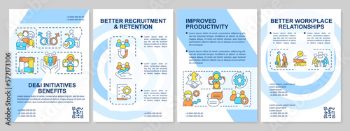 DEI initiatives benefits blue brochure template. Leaflet design with linear icons. Editable 4 vector layouts for presentation, annual reports. Arial-Black, Myriad Pro-Regular fonts used