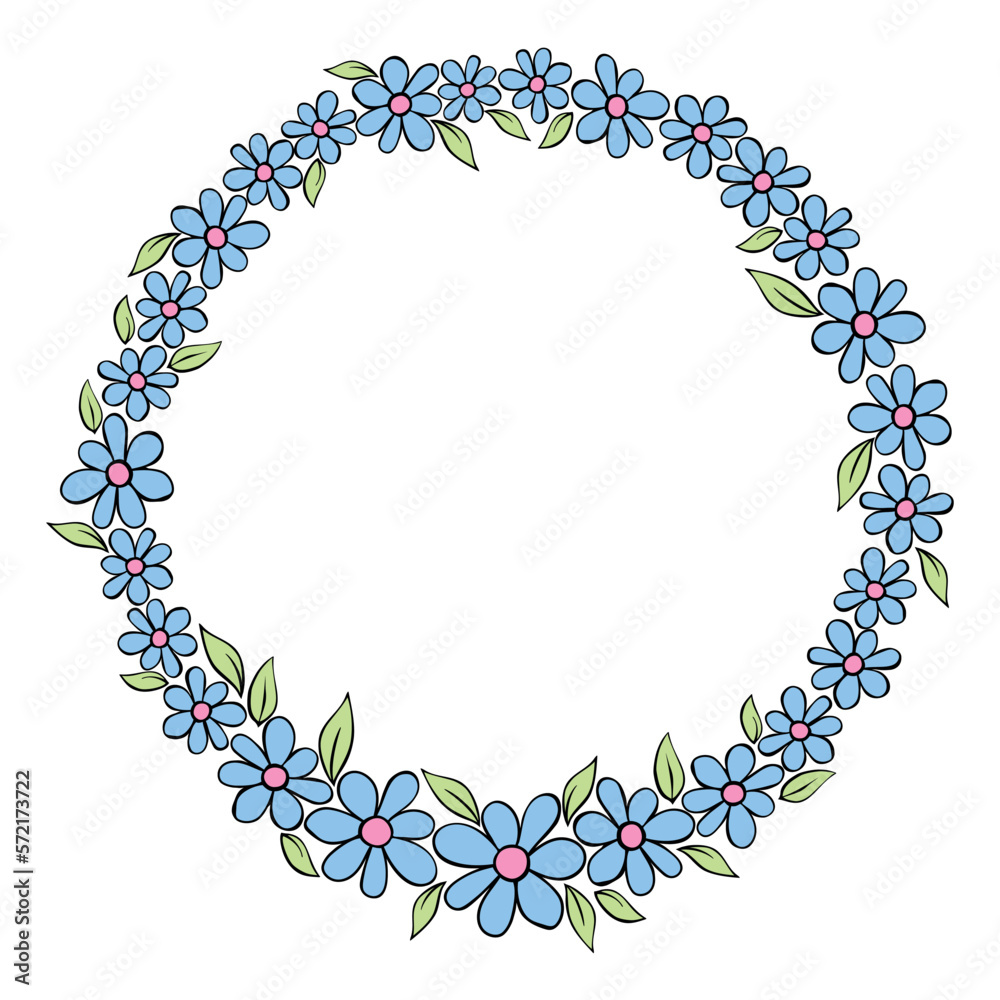 Vector hand drawn circle frame, border, wreath from color small flowers in doodle style. Cute simple primitive background, decoration for invitation, greeting card, wedding
