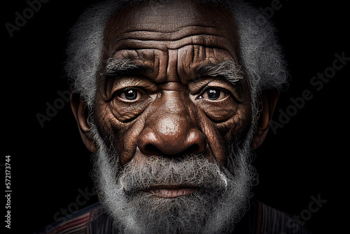 Portrait of an old black man with wrinkles and beard, looking serious into the camera, illustration, Generative Ai