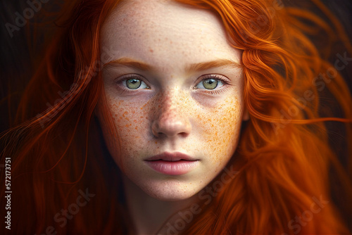Girl with red hear, freckles and green eyes looking into the camera 
