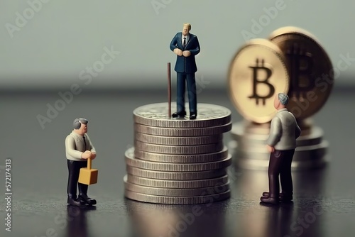 Miniature people: businessman figure standing on stack of gold coin. Money ,investment and financial concepts.