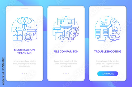 Version control benefits blue gradient onboarding mobile app screen. Coding walkthrough 3 steps graphic instructions with linear concepts. UI, UX, GUI template. Myriad Pro-Bold, Regular fonts used