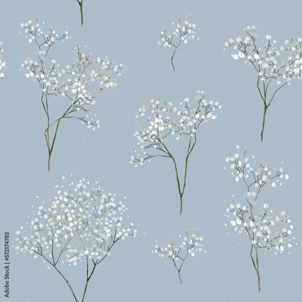 Gypsophila pattern. Baby's breath plants, blooming flowers, blue background. Hand drawn detailed botanical pattern for social media, web, cards.