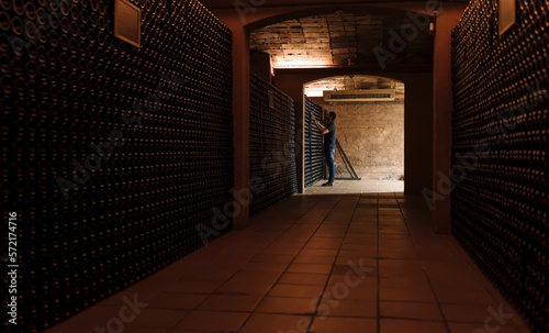 Man placing bottle in wine cellar photo