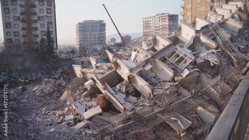 Buildings destroyed after natural disaster. The city center, which is the fault line zone. Turkey Earthquake – Kahramanmaras- 6 February 2023. photo