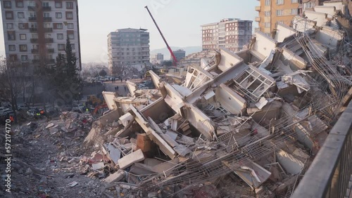 Buildings destroyed after natural disaster. The city center, which is the fault line zone. Turkey Earthquake – Kahramanmaras- 6 February 2023.