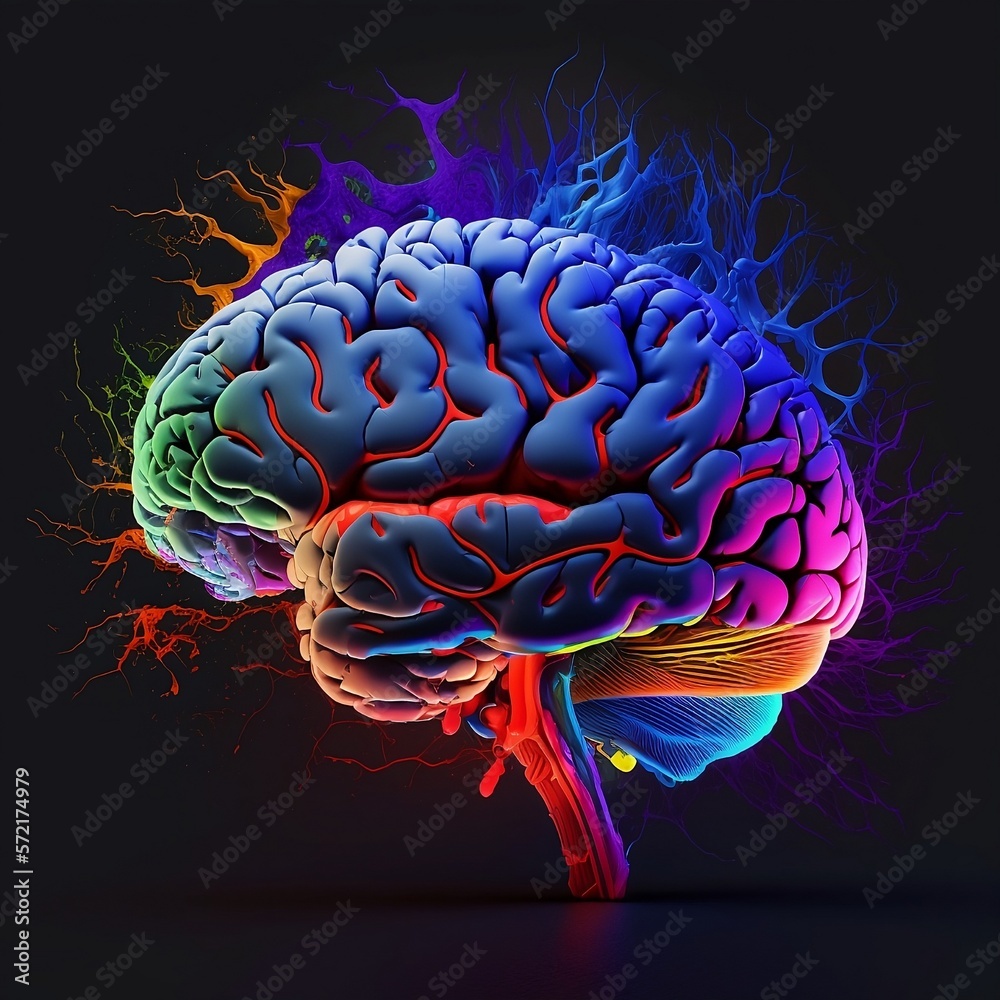 Colorful brain illustration isolated on black background - obrazy, fototapety, plakaty 