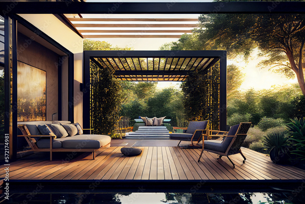 Trendy outdoor patio pergola shade structure, awning and patio roof, garden lounge, chairs, metal grill surrounded by landscaping - obrazy, fototapety, plakaty 