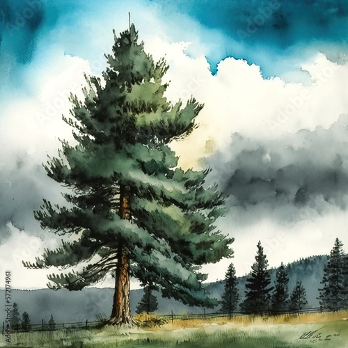 Pine tree forest with landscape background with blue sky and grass field  generative ai