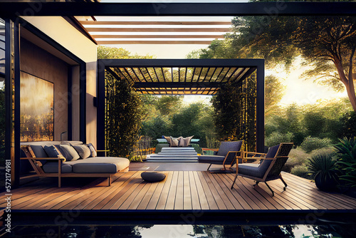 Fényképezés Trendy outdoor patio pergola shade structure, awning and patio roof, garden loun