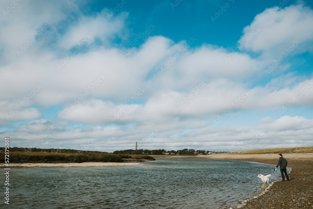 Man walking dog along sea inlet stony beach Man walking dog along sea inlet stony beach