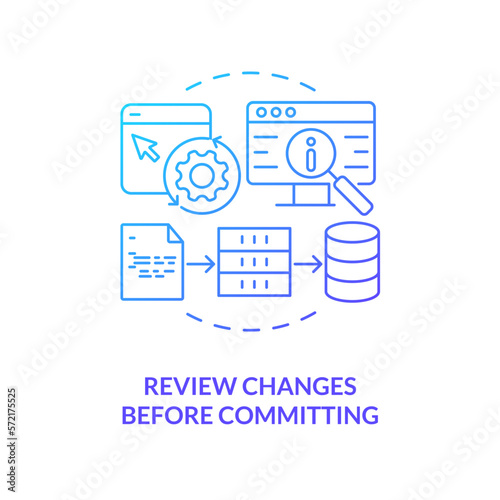 Review changes before committing blue gradient concept icon. Source code management best practice abstract idea thin line illustration. Isolated outline drawing. Myriad Pro-Bold font used