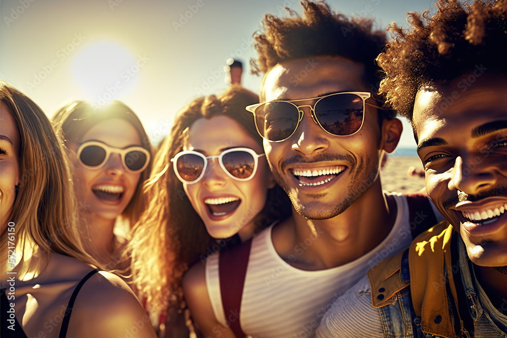 Group of happy young people in vacation. Generative AI illustration. Group of happy young people in vacation. Generative AI illustration.