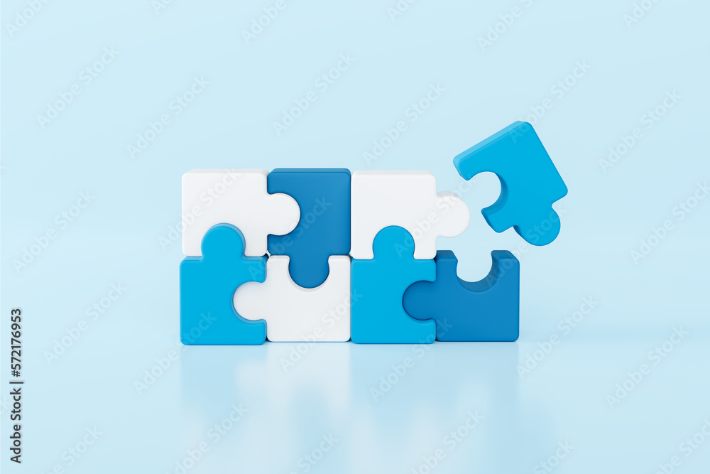 3D White and blue color jigsaw puzzle pieces on Light blue background. Connecting jigsaw puzzle. Symbol of White Ocean teamwork, cooperation, partnership. business concept. 3d rendering illustration