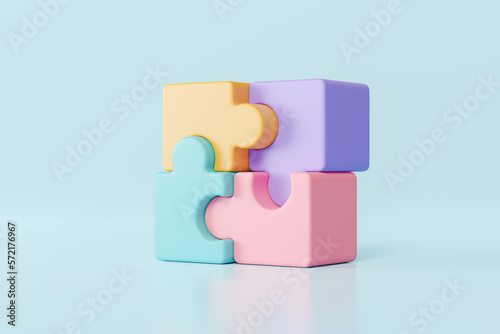 3D Pastel color jigsaw puzzle pieces on light blue background. Connecting jigsaw puzzle. Symbol of teamwork, cooperation, partnership. Problem-solving, business concept. 3d rendering illustration