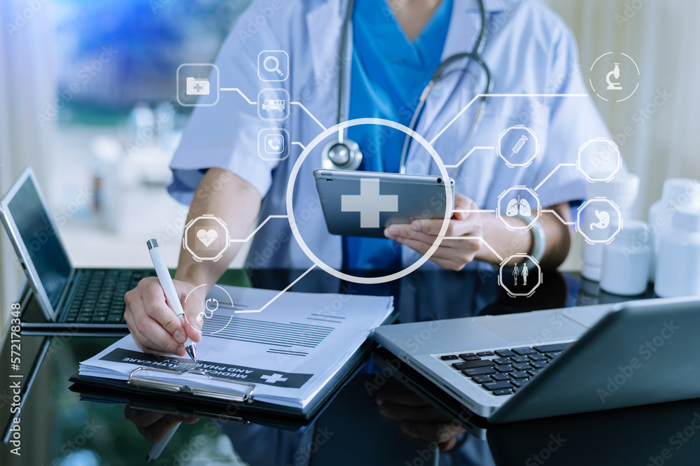 health care business graph data and growth, Medical examination and doctor analyzing medical report network connection on tablet screen. . health care business graph data and growth, Medical examination and doctor analyzing medical report network connection on tablet screen. .