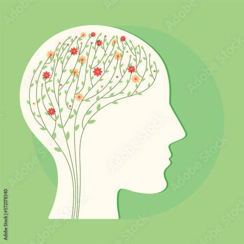 Human Brain floral design, Mental Health Awareness, Mental Health Awareness Month, Mental Health day concept vector Illustration. 