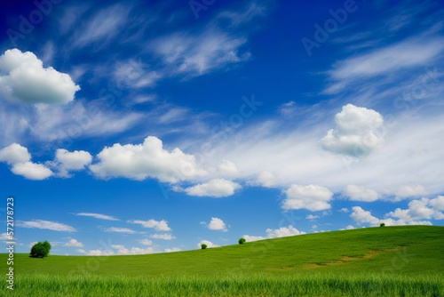 Beautiful green meadow with blue sky, clean environment background. Generative ai © Lukas Juszczak