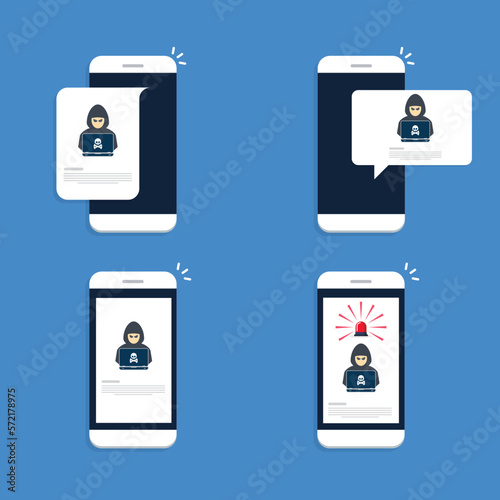Hacker, malware notification on mobile phone. Smartphone with hacker alert, spam data on cellphone fraud error message, scam, virus.	