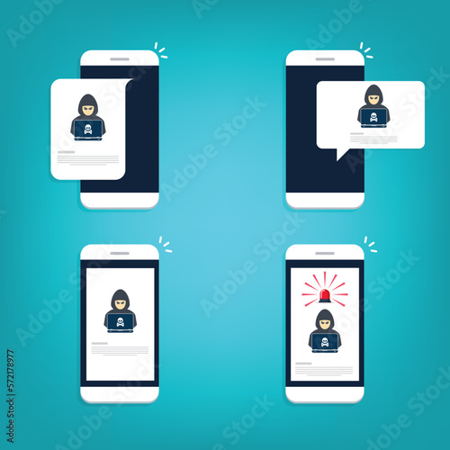 Hacker, malware notification on mobile phone. Smartphone with hacker alert, spam data on cellphone fraud error message, scam, virus.	