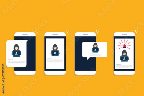 Hacker, malware notification on mobile phone. Smartphone with hacker alert, spam data on cellphone fraud error message, scam, virus.	