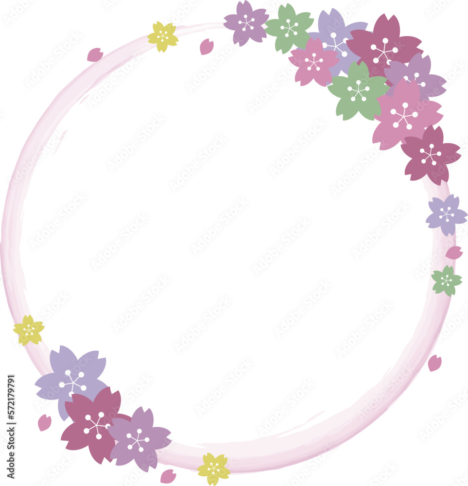 Fototapeta premium カラフルパステルカラーの桜の花の水彩風円形フレーム
