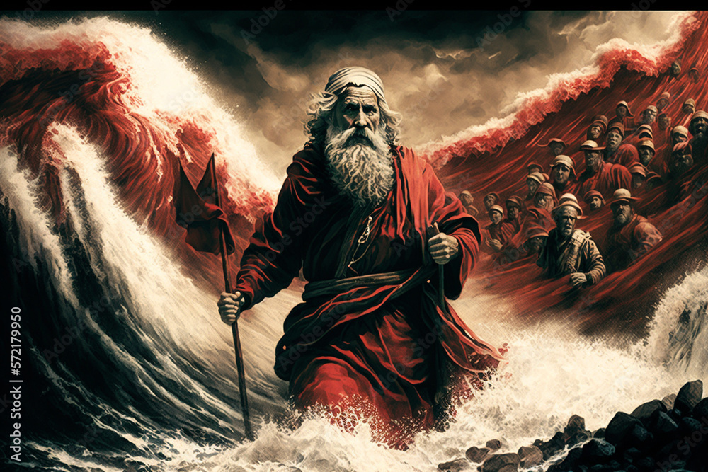 Crossing the Red Sea with Moses, Generative AI Stock Illustration