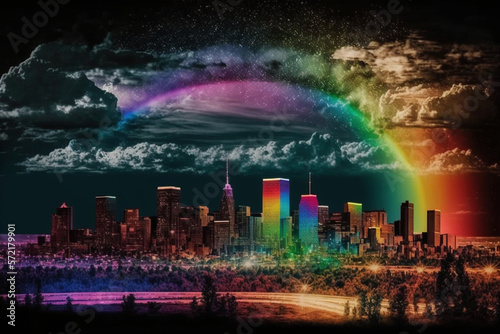 City skyline at night with a rainbow of colors  Generative AI 