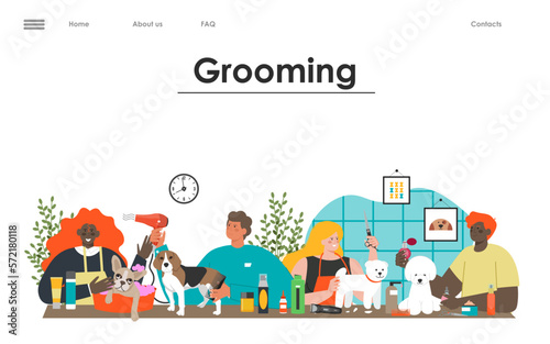 Pet grooming service flat vector landing page