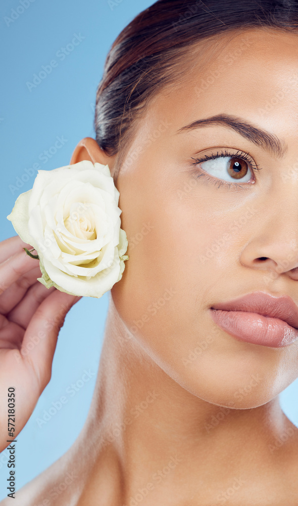 Rose, petals and woman in studio for skincare, wellness and petal cosmetic on blue background. Face, flower and girl with floral product relax in luxury, beauty or natural, soft or aesthetic isolated Rose, petals and woman in studio for skincare, wellness and petal cosmetic on blue background. Face, flower and girl with floral product relax in luxury, beauty or natural, soft or aesthetic isolated