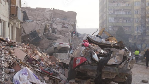 Crushed cars and collapsed tall buildings in the city center after the earthquake. Fault line. Turkey Earthquake – Kahramanmaras- 6 February 2023.