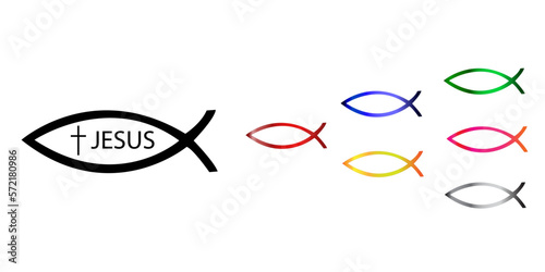 Ichthys Christian sign collection, Jesus Christ symbol as a fish shape. Conceptual illustration - Christians follow Jesus Christ.  photo