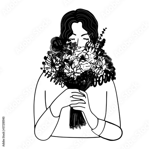 Woman hands holding bouquet of blooming flowers. Happy Mother's day greeting card. Woman's day. Arms holding a bunch of flowers. Doodle hand drawn vector illustration