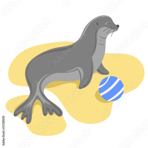 Funny Seal playing a ball. Marine dweller. Concept of sea and ocean life. Vector illustration