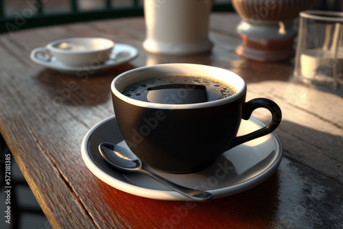 Coffee in cup on wooden table in cafe with lighting background.Generative AI