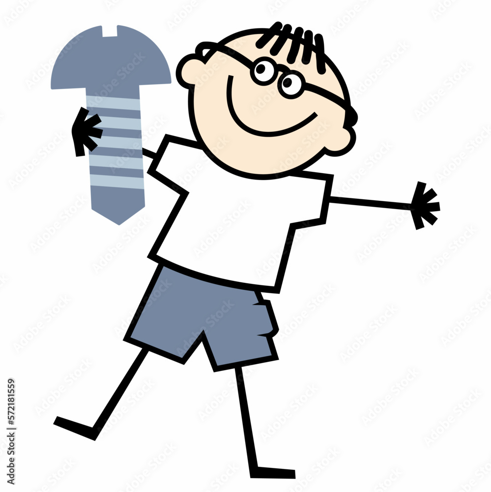 Person with screw, school boy and bolt, humorous vector illustration Person with screw, school boy and bolt, humorous vector illustration