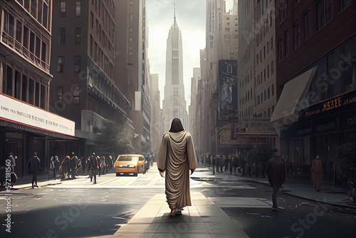 illustration of Jesus walk in modern city among the crowd and buildings AI.