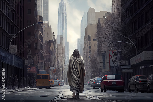 illustration of Jesus walk in modern city among the crowd and buildings AI Fototapet