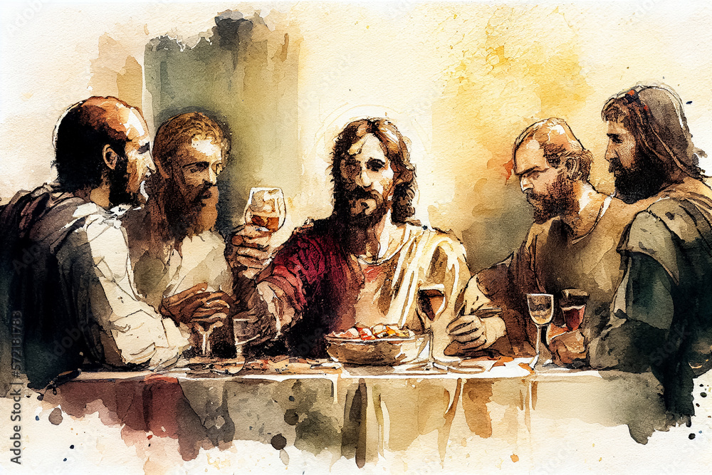illustration of dinner table and holy people meal watercolor . AI
