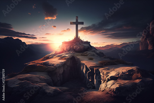 illustration of Christian cross appears bright in the sky background. AI