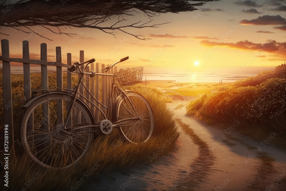 beautiful landscape image with Bicycle at sunset background. Generative AI